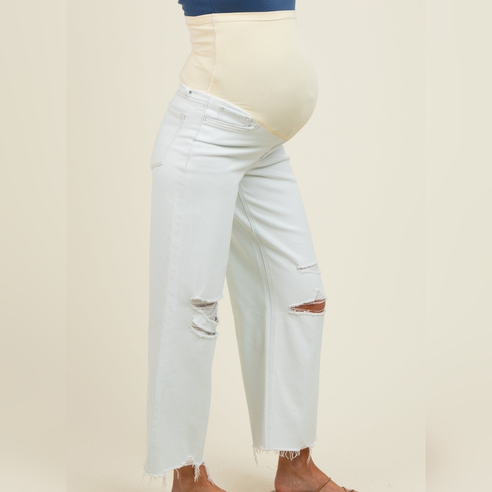 Pinkblush Light Blue Distressed Open Knee Cropped Wide Leg Maternity Jeans - Picture 3 of 12